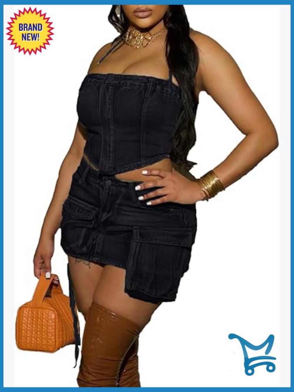 Denim 2 Piece Skirt Set with 3D Pockets